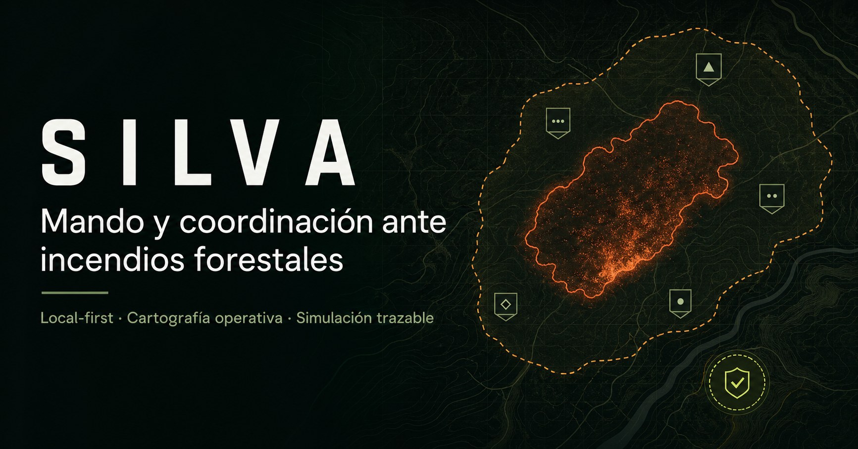 Presentación conceptual de SILVA con un mapa territorial y una simulación de incendio forestal
